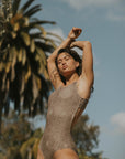Neutral brown swimsuit open back one piece modest coverage