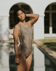 Vintage floral one piece swimsuit for women's neutral brown suit