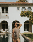 Neutral brown swimsuit open back one piece modest coverage