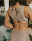 Neutral brown swimsuit open back one piece modest coverage