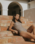 Vintage floral one piece swimsuit for women's neutral brown suit