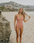 cute modest crinkle textured pink one piece swimsuit for surfing