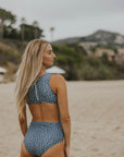Modest blue floral one piece swimsuit.