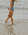 Modest blue floral one piece swimsuit.