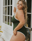Women's dark green one piece swimsuit white trim