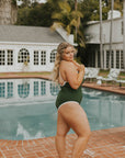 Sporty active one piece swimsuit forest green white trim