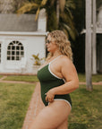 Sporty active one piece swimsuit forest green white trim