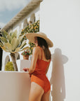 Dark orange swimsuit textured women's high-waisted bikini bottoms