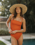 textured modest orange bikini set strapless swimsuit