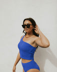 One shoulder swimsuit top cobalt blue modest two piece women's swimsuit