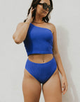 Women's blue swimsuit cobalt high waisted bikini bottoms modest