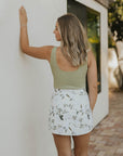 womens high waisted swim skirt patterned floral white swim skirt paired with one piece