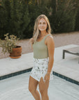 womens high waisted swim skirt patterned floral white swim skirt paired with one piece