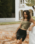 Black modest high waisted notched swim skirt