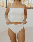 Modest white bikini bottoms