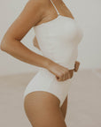 Modest white bikini bottoms
