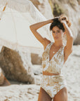 Tropical white and gold women's bikini set V neck