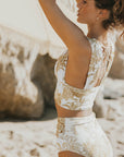 white and gold tropical high-waisted bikini bottoms