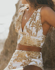 Toile print bikini top thick straps v neck tropical style