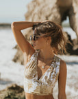 Tropical white and gold women's bikini set V neck