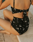 Black Floral High waisted modest bikini bottoms.