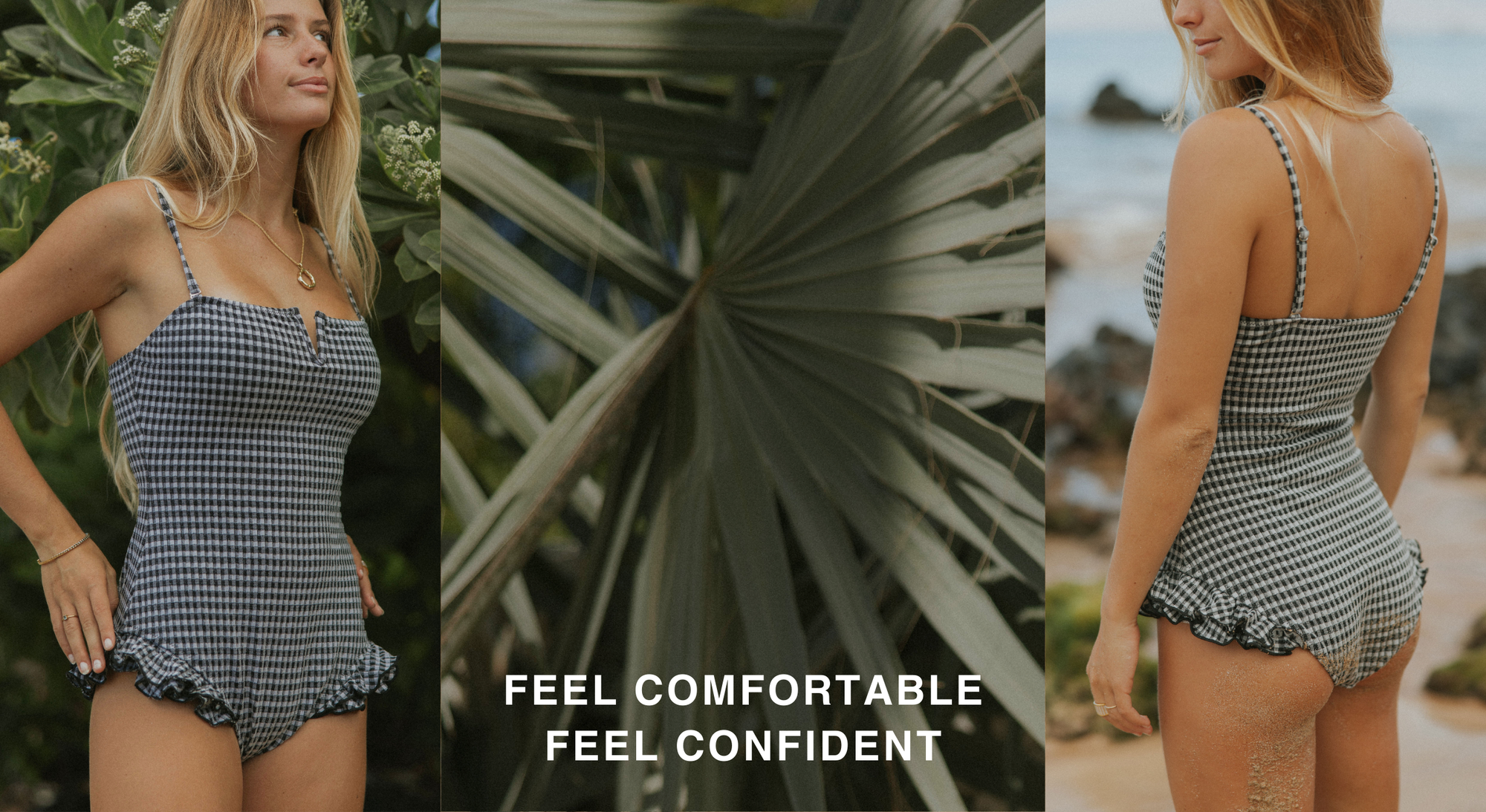 Three-panel image showing front and back views of a model wearing a gingham one-piece swimsuit, with tropical foliage and beach scenery and the text “Feel comfortable, feel confident.”