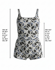 Aruba Bodysuit | White & Black Floral Open Back Swim Bodysuit with Shorts
