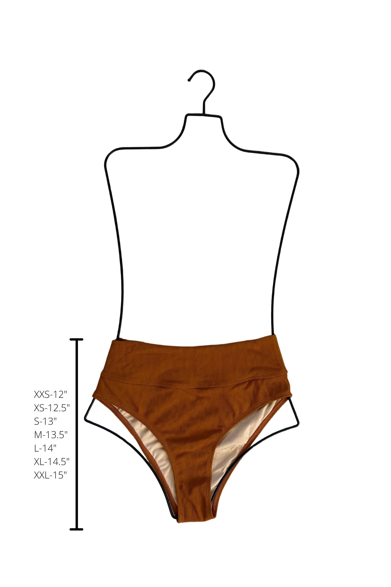 High-waisted brown ribbed bikini bottoms shown on a size guide mannequin with height measurements.