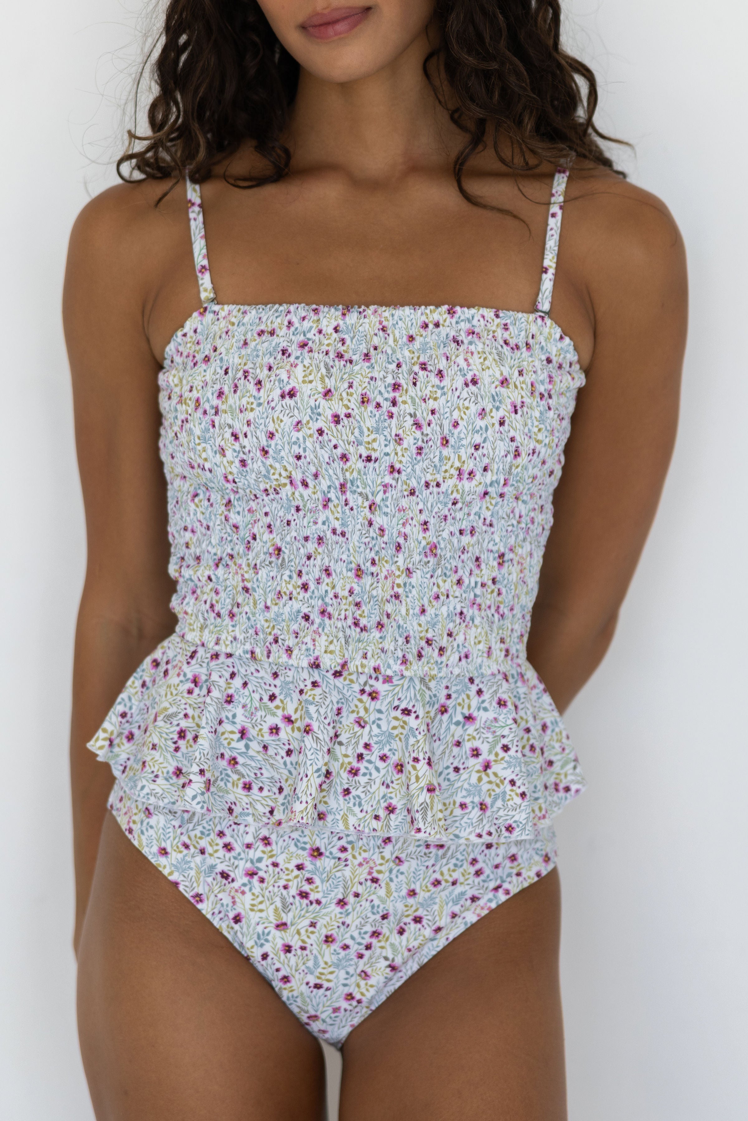 Amelia Top | Shirred White Floral Peplum Tankini Top