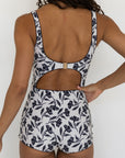 Aruba Bodysuit | White & Black Floral Open Back Swim Bodysuit with Shorts