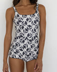 Aruba Bodysuit | White & Black Floral Open Back Swim Bodysuit with Shorts