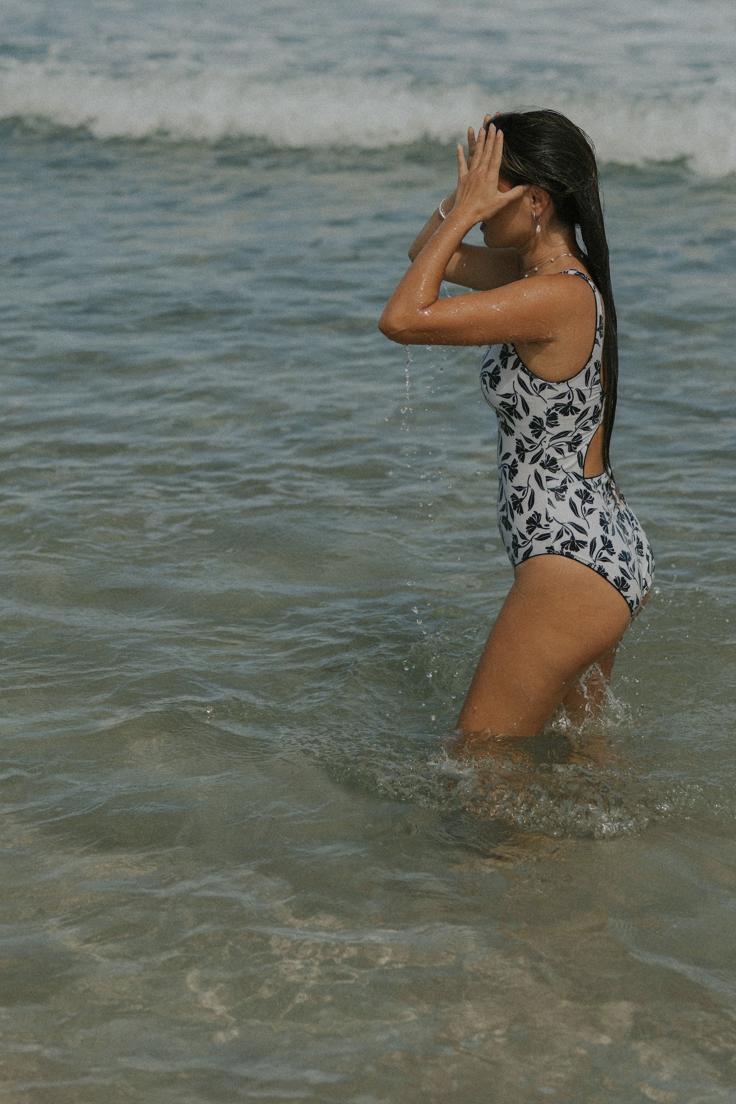 Modest White and Black Floral One Piece Swimsuit