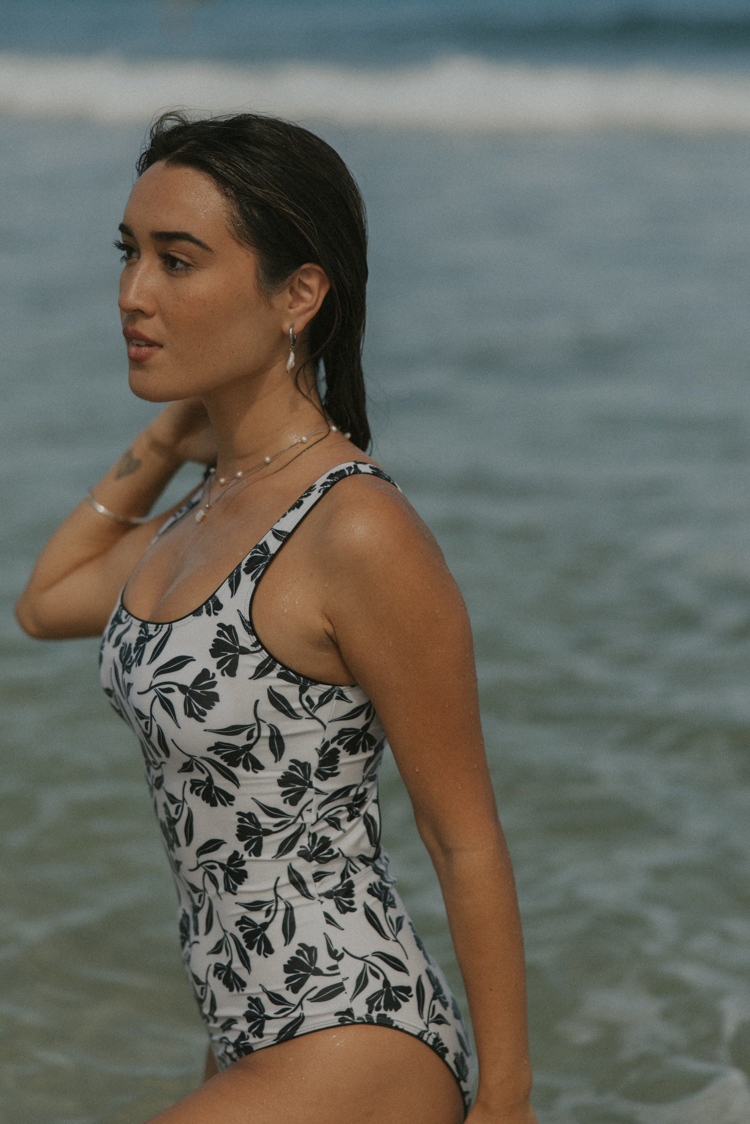 White and Black Floral Cute One Piece Swimsuit