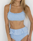 Azure Bikini Top | Light Blue Textured Ruffle Strap Bikini Top