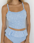 Azure Top | Textured Light Blue Scoop Neck Ruffle Tankini Top