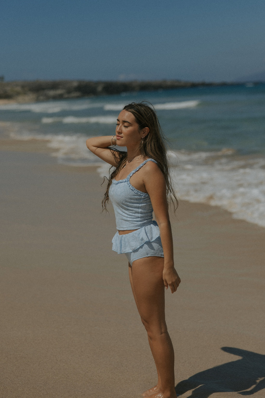 Azure Top | Textured Light Blue Scoop Neck Ruffle Tankini Top – Geode ...