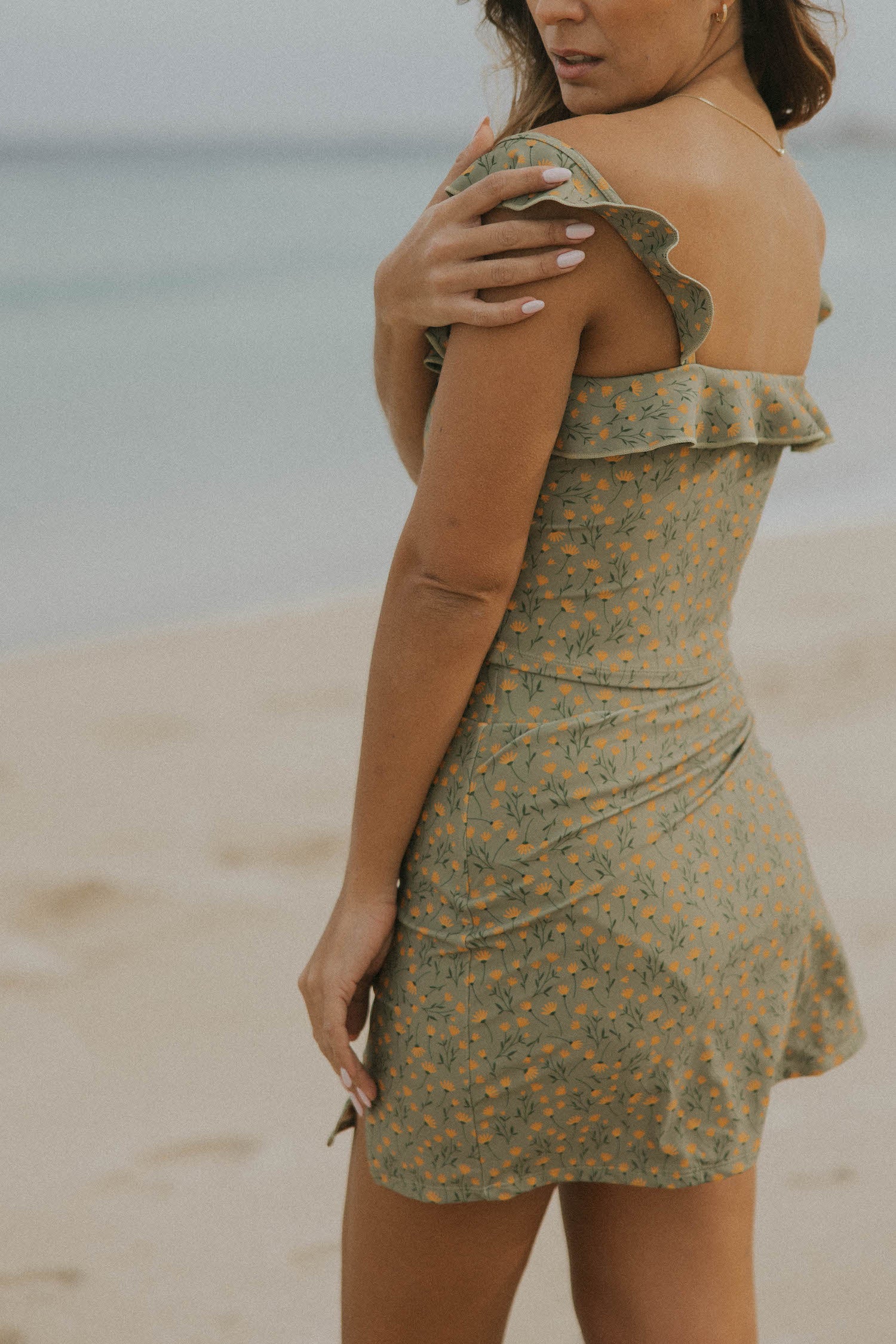 Off the shoulder green floral modest bikini top