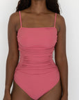 Berry One Piece Swimsuit | Pink Ruched Adjustable Strap Straight Neckline One Piece