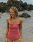 Modest Tummy Control Ruched Pink One Piece Swimsuit