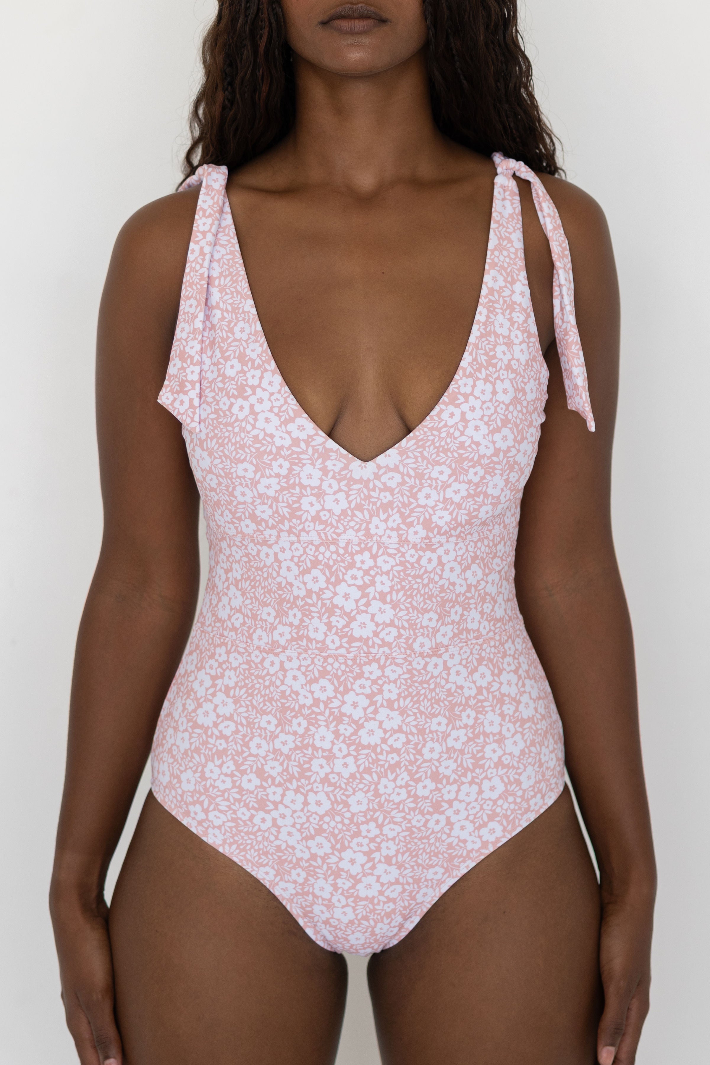 Blush One Piece Swimsuit | Pale Pink Floral V-Neck Tie Strap One Piece