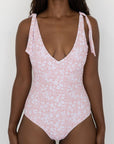 Blush One Piece Swimsuit | Pale Pink Floral V-Neck Tie Strap One Piece