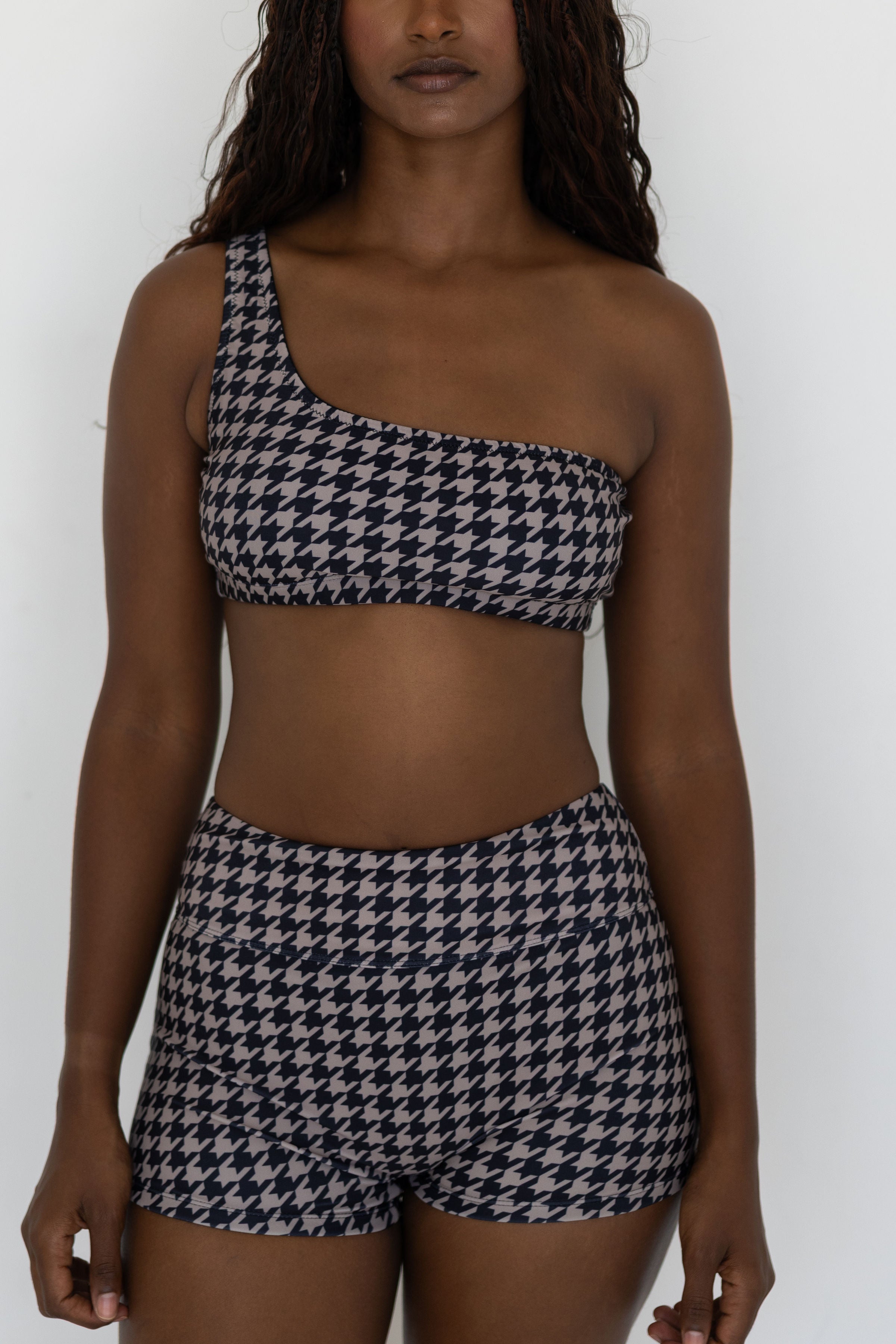Bristol Bikini Top | Black & Cream Houndstooth Straight Neck Bikini Top