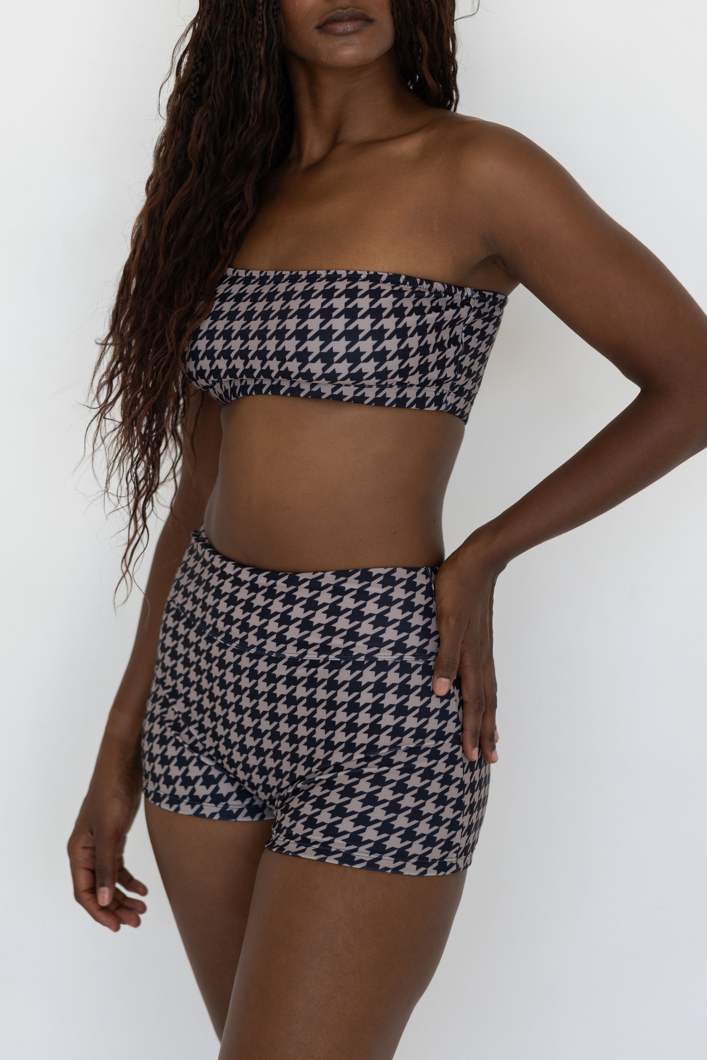 Bristol Bikini Top | Black & Cream Houndstooth Straight Neck Bikini Top