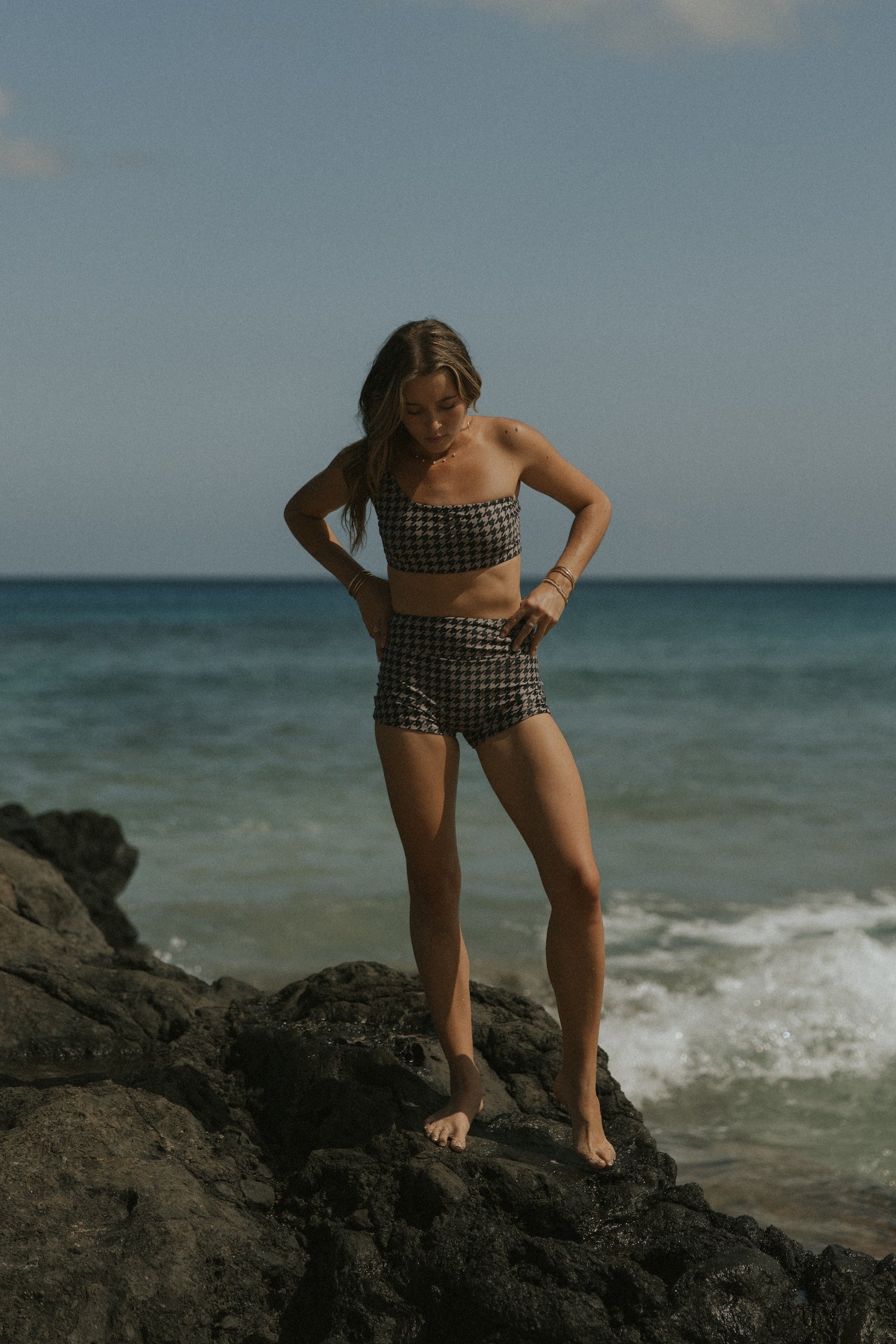 Checkered Printed one shoulder bikini with high waisted swim shorts