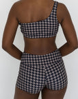 Bristol Bikini Top | Black & Cream Houndstooth Straight Neck Bikini Top