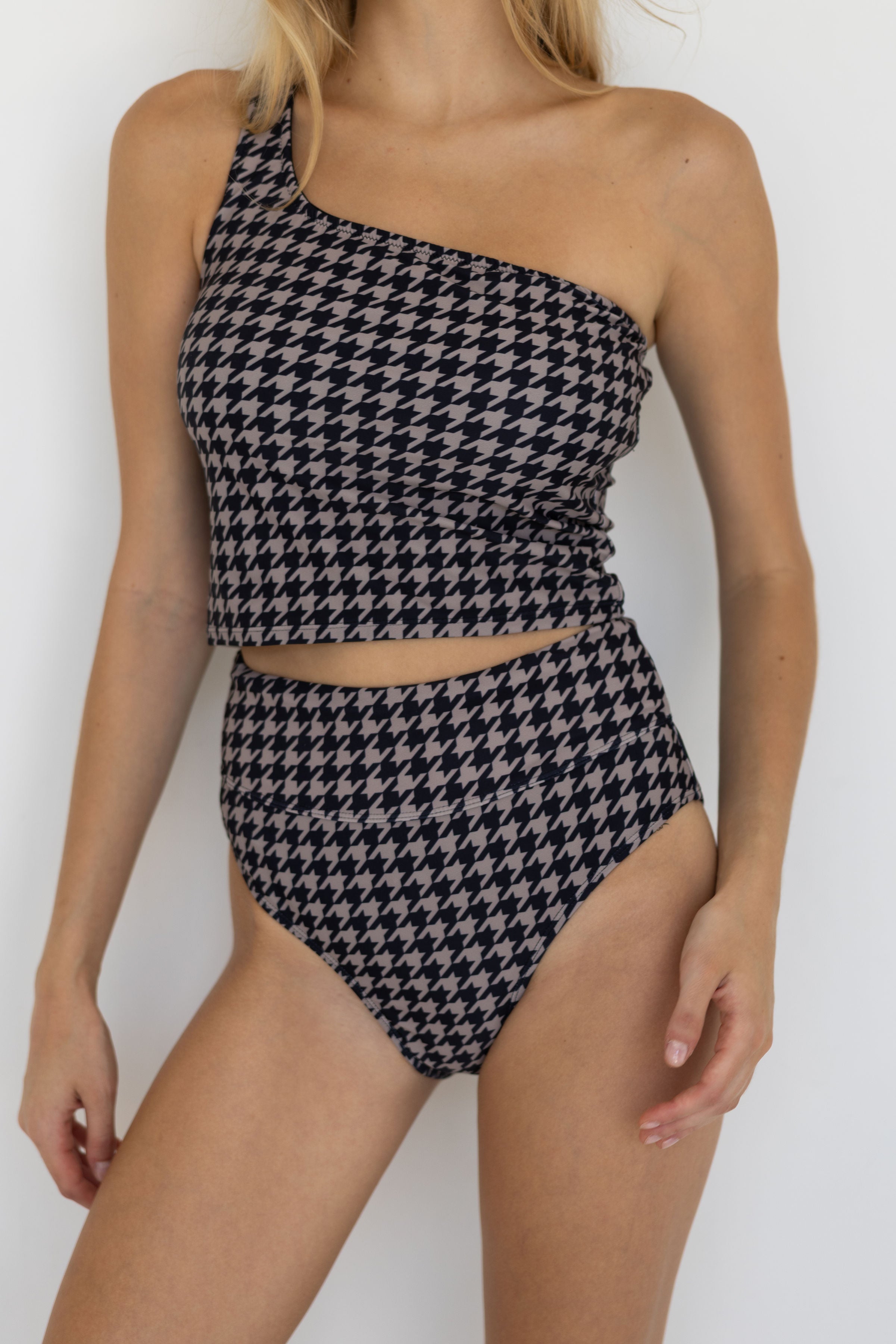 Bristol High Waisted Bottoms | Black & Cream Houndstooth Full Coverage Bikini Bottoms