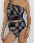 Bristol High Waisted Bottoms | Black & Cream Houndstooth Full Coverage Bikini Bottoms