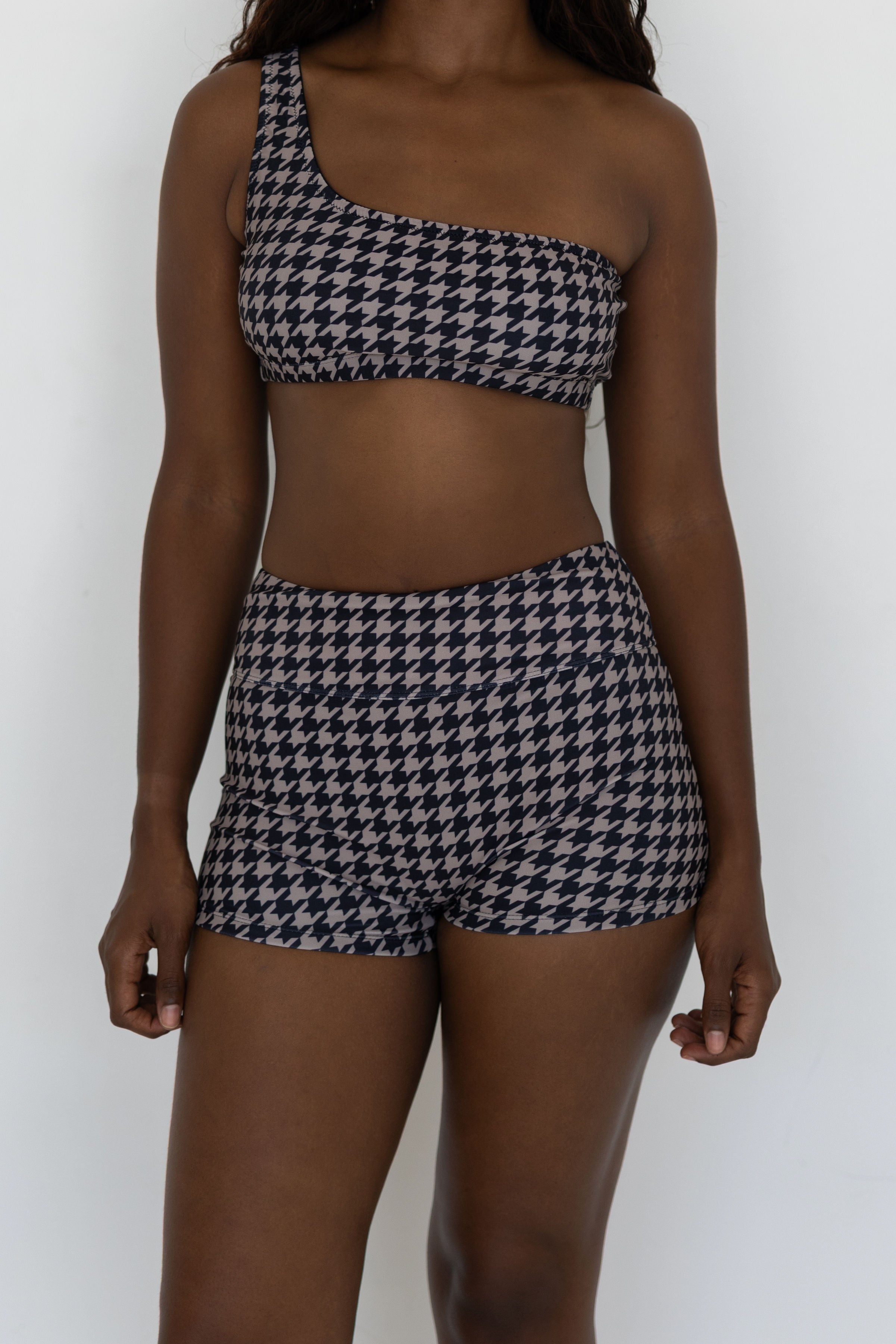 Bristol High Waisted Swim Shorts | Black & Cream Houndstooth Full Coverage Swim Shorts