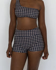 Bristol High Waisted Swim Shorts | Black & Cream Houndstooth Full Coverage Swim Shorts