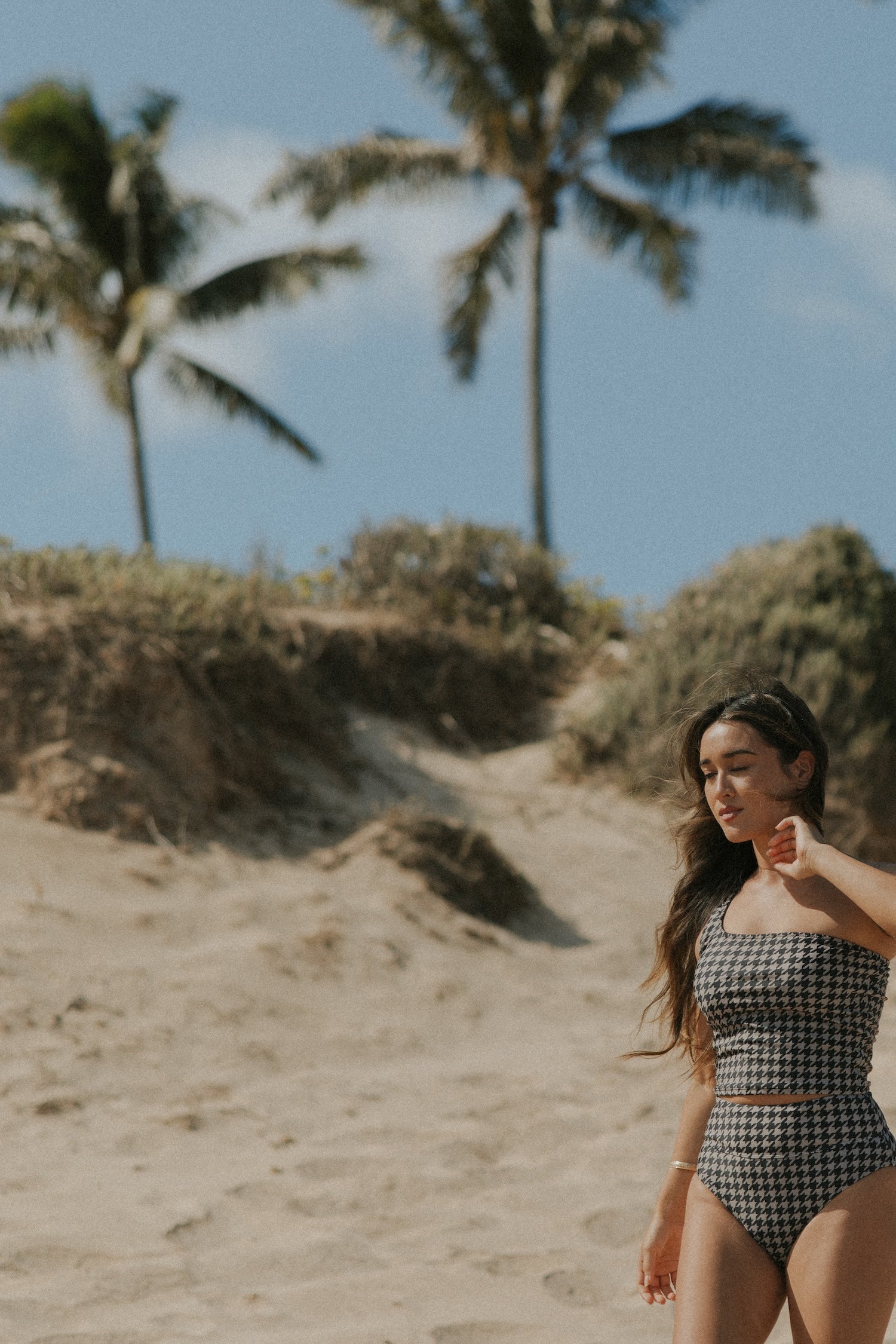 High waisted One shoulder houndstooth print tankini